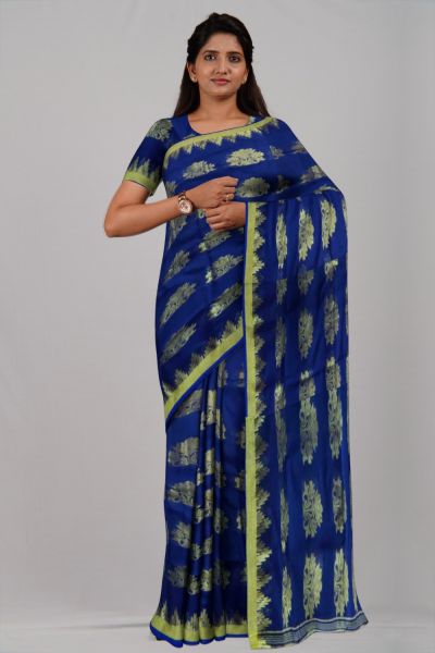 Royal Blue Flower Pure Taat Silk Handloom Saree