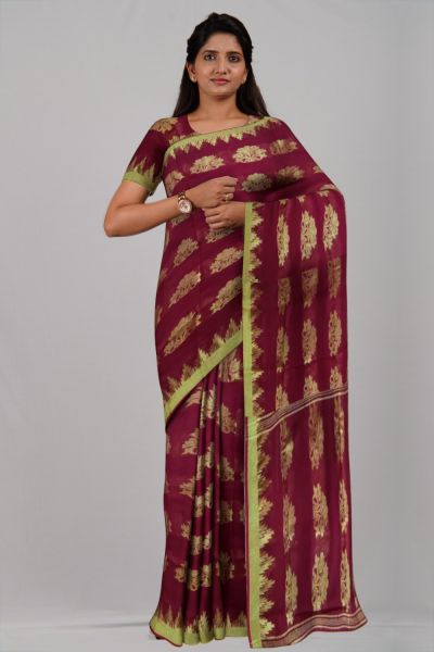 Maroon Flower Pure Taat Silk Handloom Saree