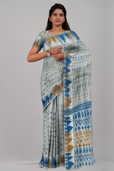 White Blue Yellow Leaf Resome Cotton Handloom Saree