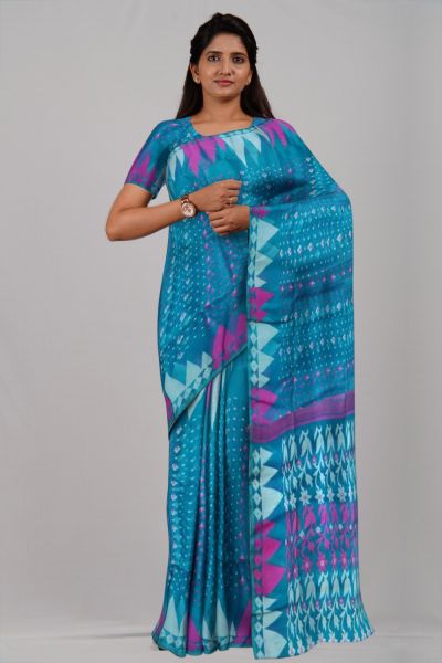 Sky Blue White Pink Leaf Resome Cotton Handloom Saree