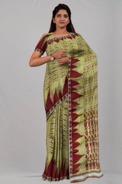 Yellow Red Leaf Resome Cotton Handloom Saree