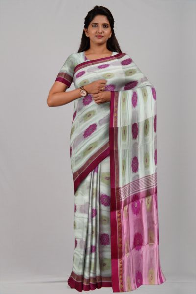 Pink White Flower & Temple Garad Silk Handloom Saree