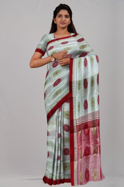 Red White Flower & Temple Garad Silk Handloom Saree