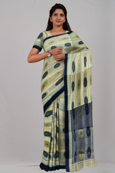 Blue Cream Flower & Temple Garad Silk Handloom Saree