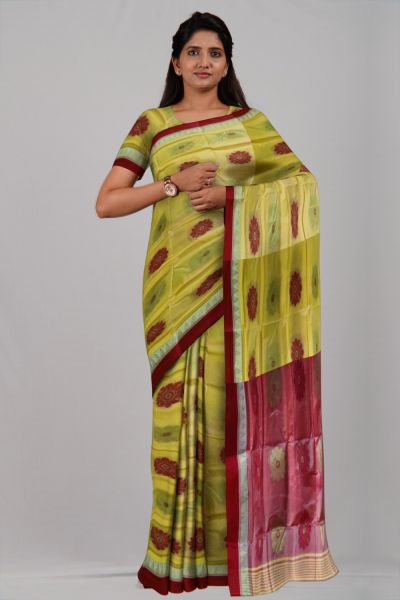Red Yellow Flower & Temple Garad Silk Handloom Saree