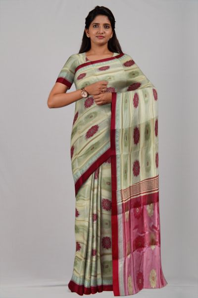 Red Cream Flower & Temple Garad Silk Handloom Saree