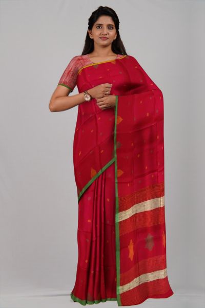 Maroon Yellow Green Star Ball Cotton Handloom Saree