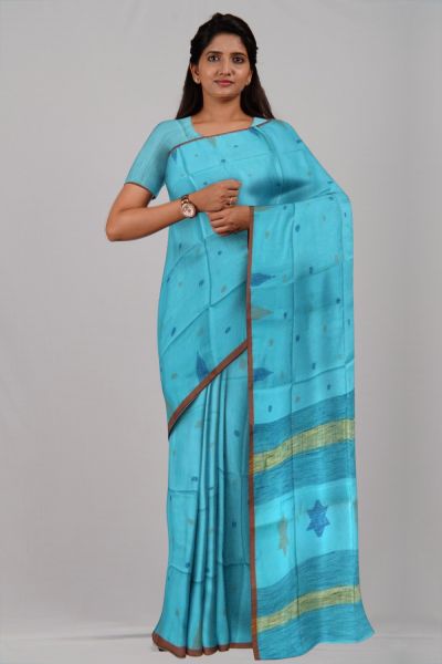 Sky Blue Star Ball Cotton Handloom Saree