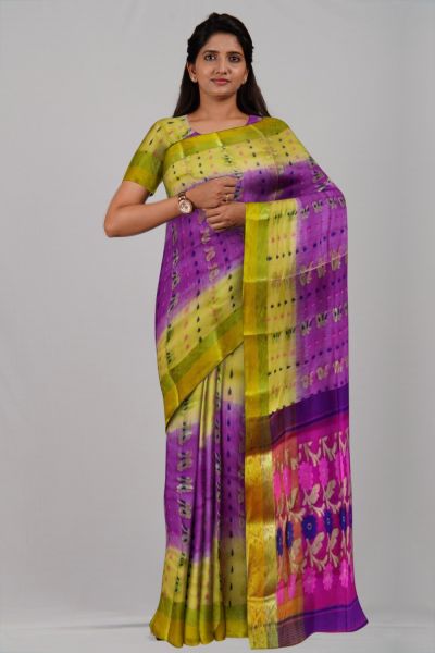 Purple Yellow Flower Ikkat Tasar Silk Handloom Saree
