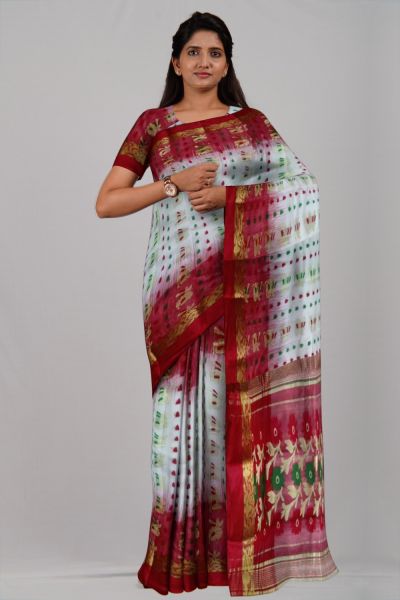 Red White Flower Ikkat Tasar Silk Handloom Saree