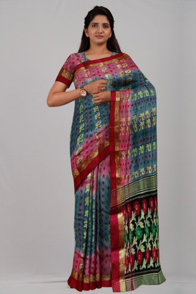 Red Black Green Flower Ikkat Tasar Silk Handloom Saree