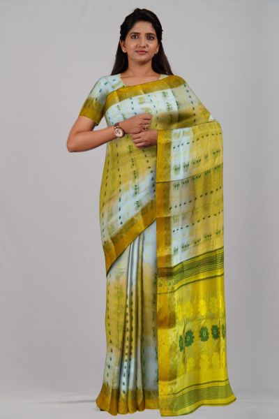 Yellow White Green Flower Ikkat Tasar Silk Handloom Saree