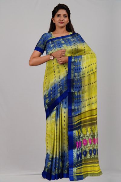 Yellow Blue Flower Ikkat Tasar Silk Handloom Saree