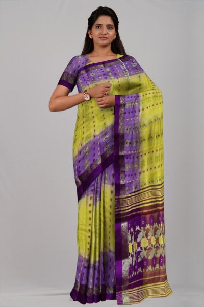 Yellow Purple Flower Ikkat Tasar Silk Handloom Saree
