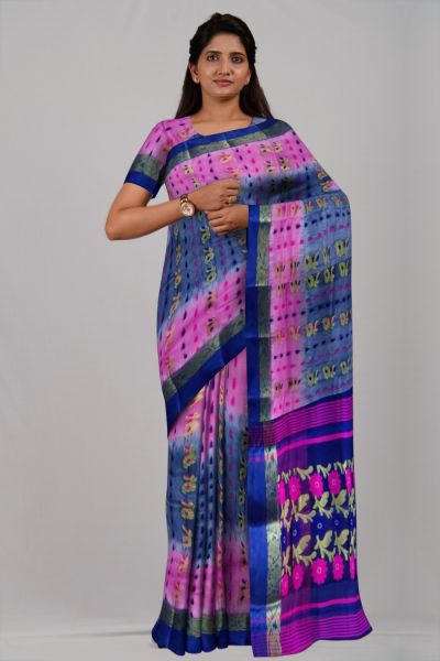 Pink Blue Flower Ikkat Tasar Silk Handloom Saree