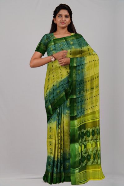 Yellow Green Flower Ikkat Tasar Silk Handloom Saree