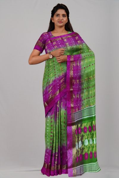 Pink Green Flower Ikkat Tasar Silk Handloom Saree