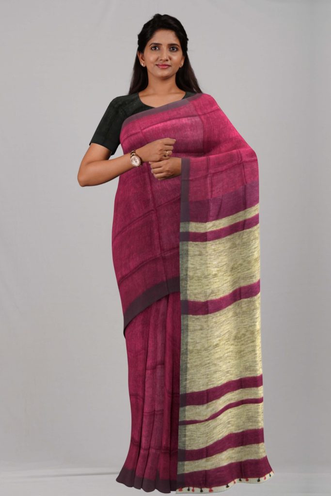 Magenta & Black Plain Linen With Stripes Saree