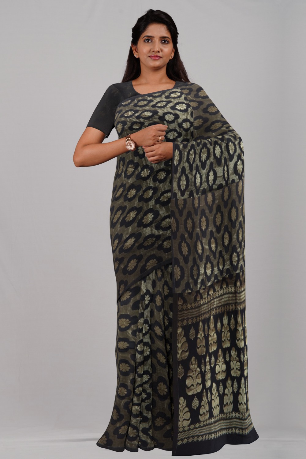 Black Organic Cotton Linen Saree