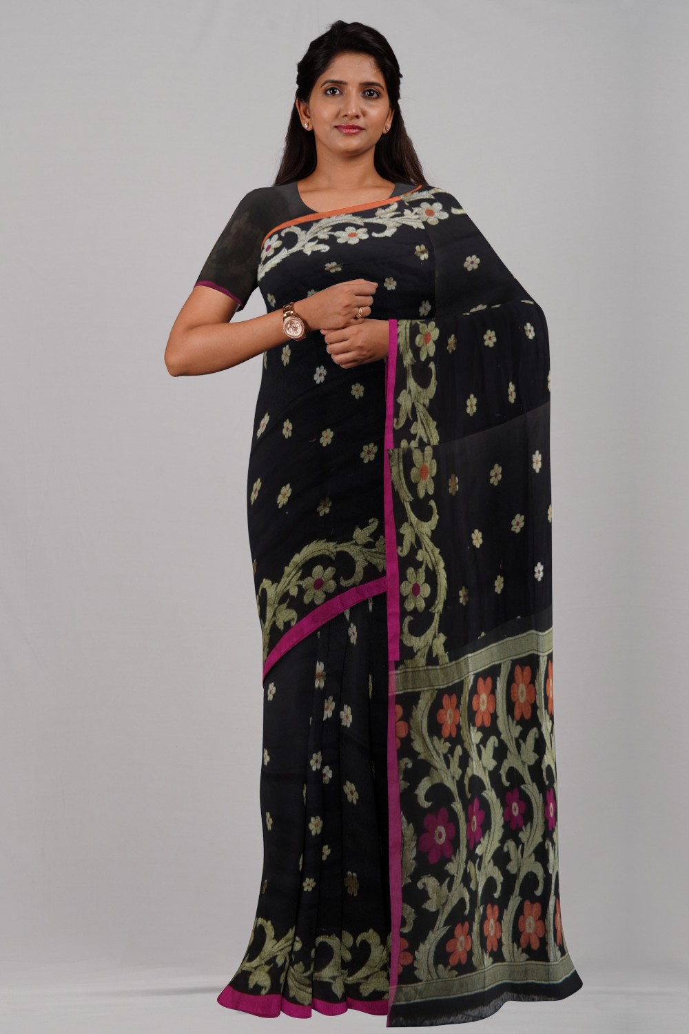 Black & Orange Linen Jamdani Floral Buti Saree