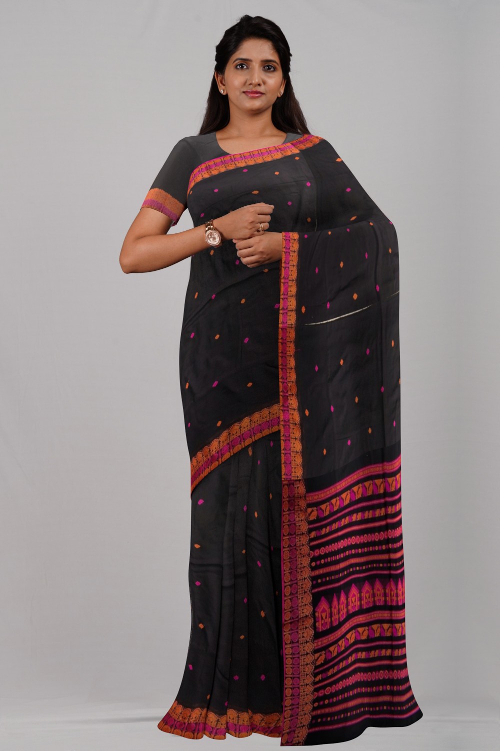 Black & Pink Jamdani Buti Handwoven Cotton Saree