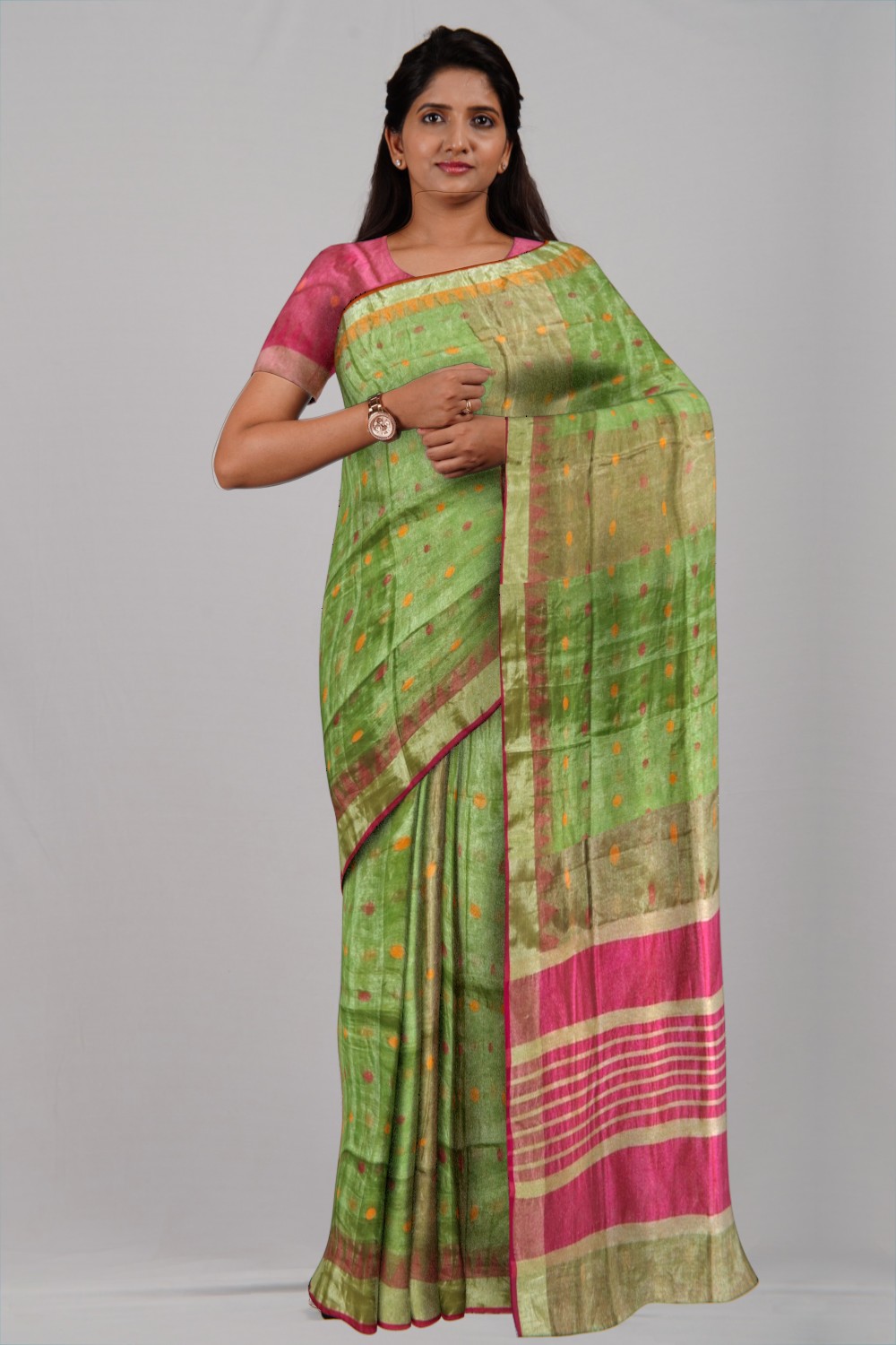 Pink & Light Green Tissue Linen Ball Buti Saree