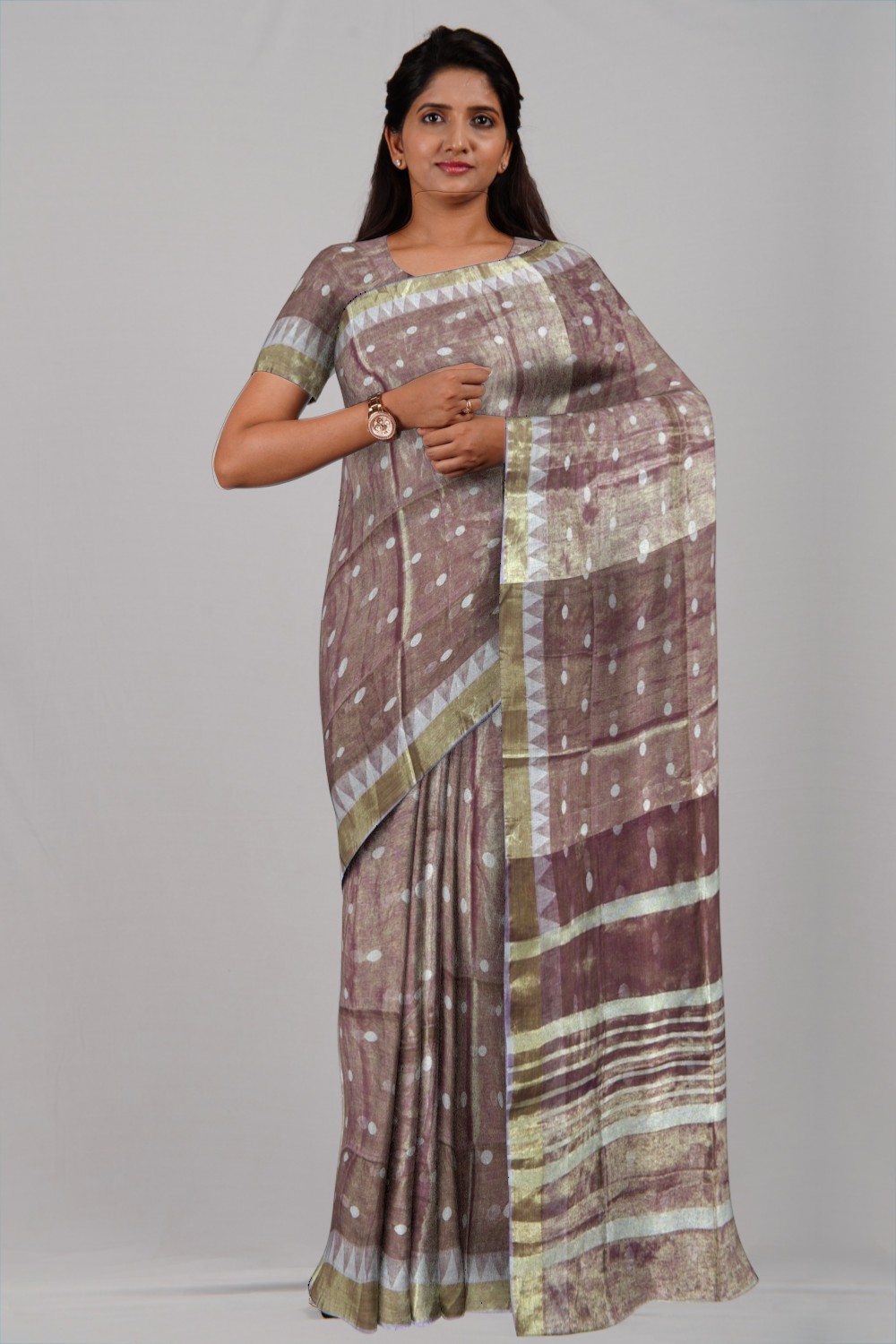 Brick Red Tissue Linen Ball Buti Saree