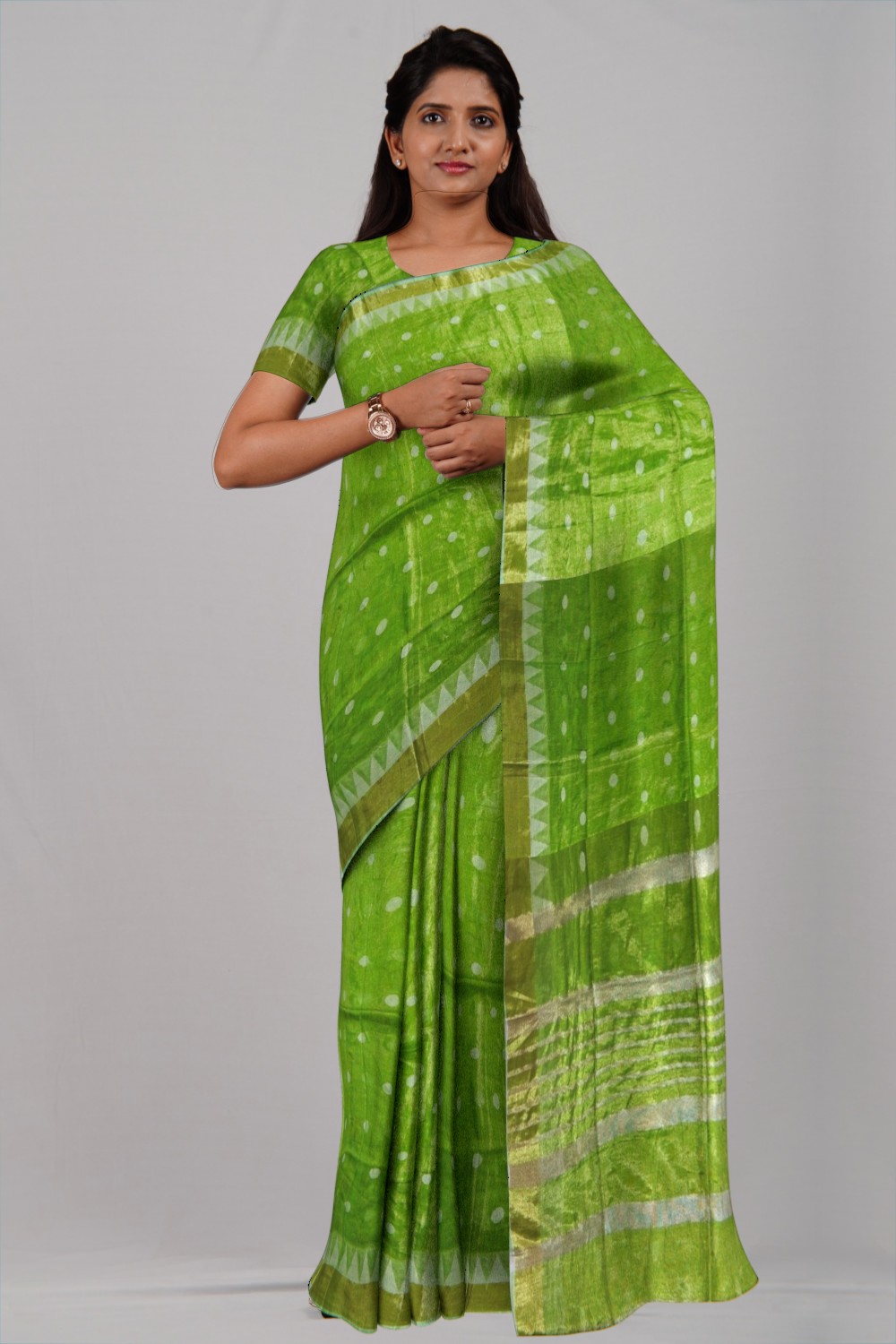 Green Tissue Linen Ball Buti Saree