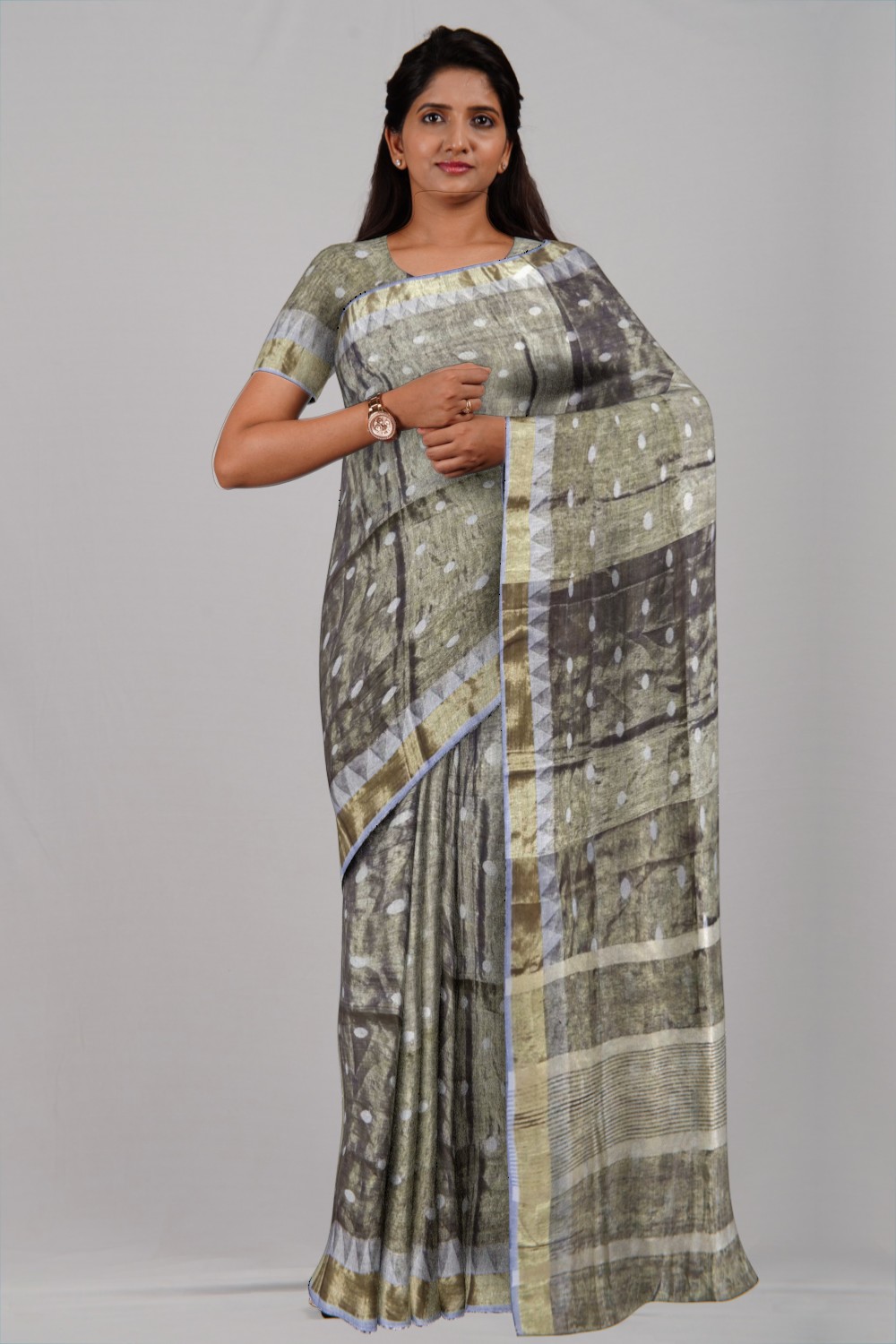 Black Grey & Golden Tissue Linen Ball Buti Saree