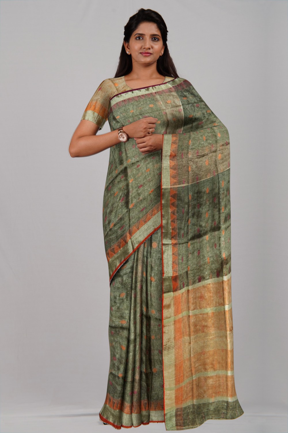 Black Grey & Orange Tissue Linen Ball Buti Saree