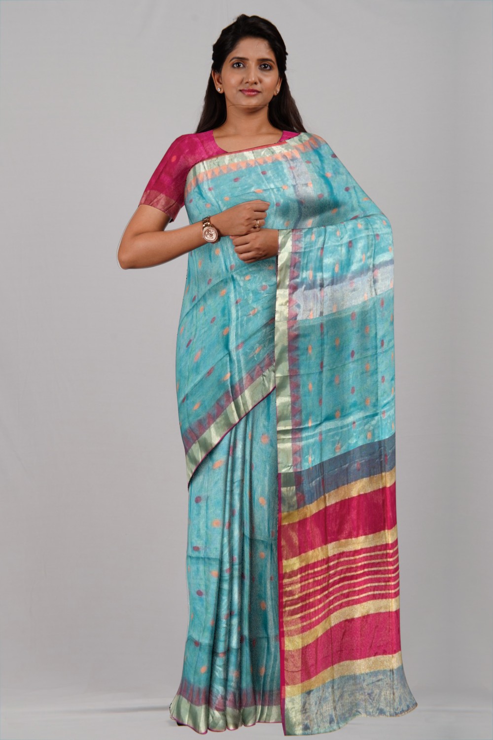 Sky Blue & Pink Tissue Linen Ball Buti Saree