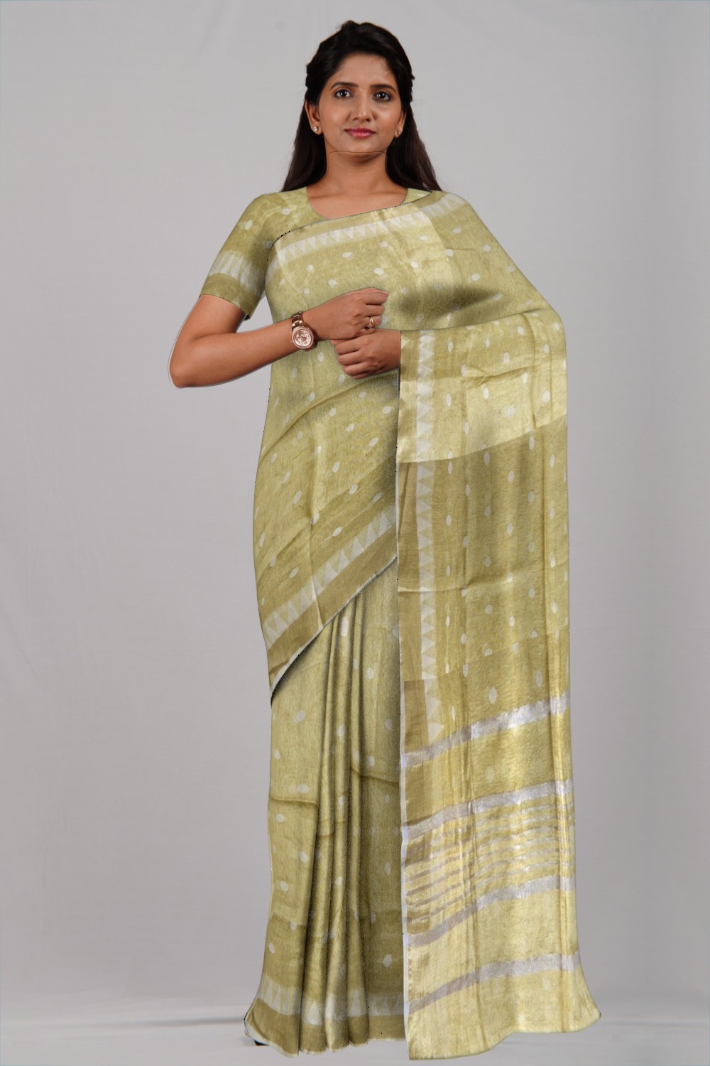 Lemon Yellow Tissue Linen Ball Buti Saree