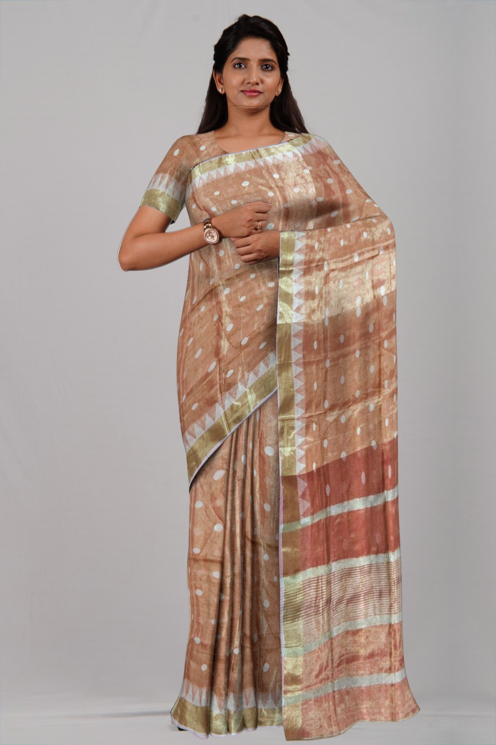Brick Red Tissue Linen Ball Buti Saree