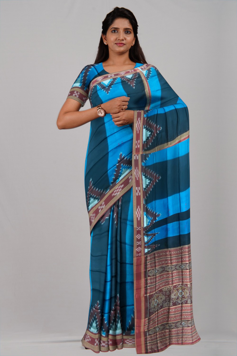 Buy Best Blue & Brick Red Odisha Handloom Ikat Silk Saree Saree
