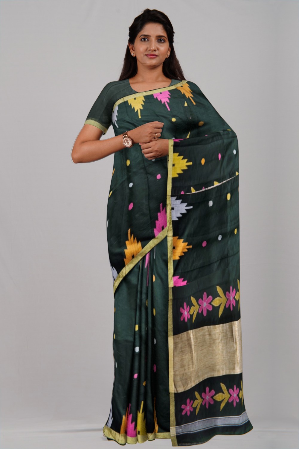 Bottle Green Temple Ball Buti Jamdani Cotton Saree