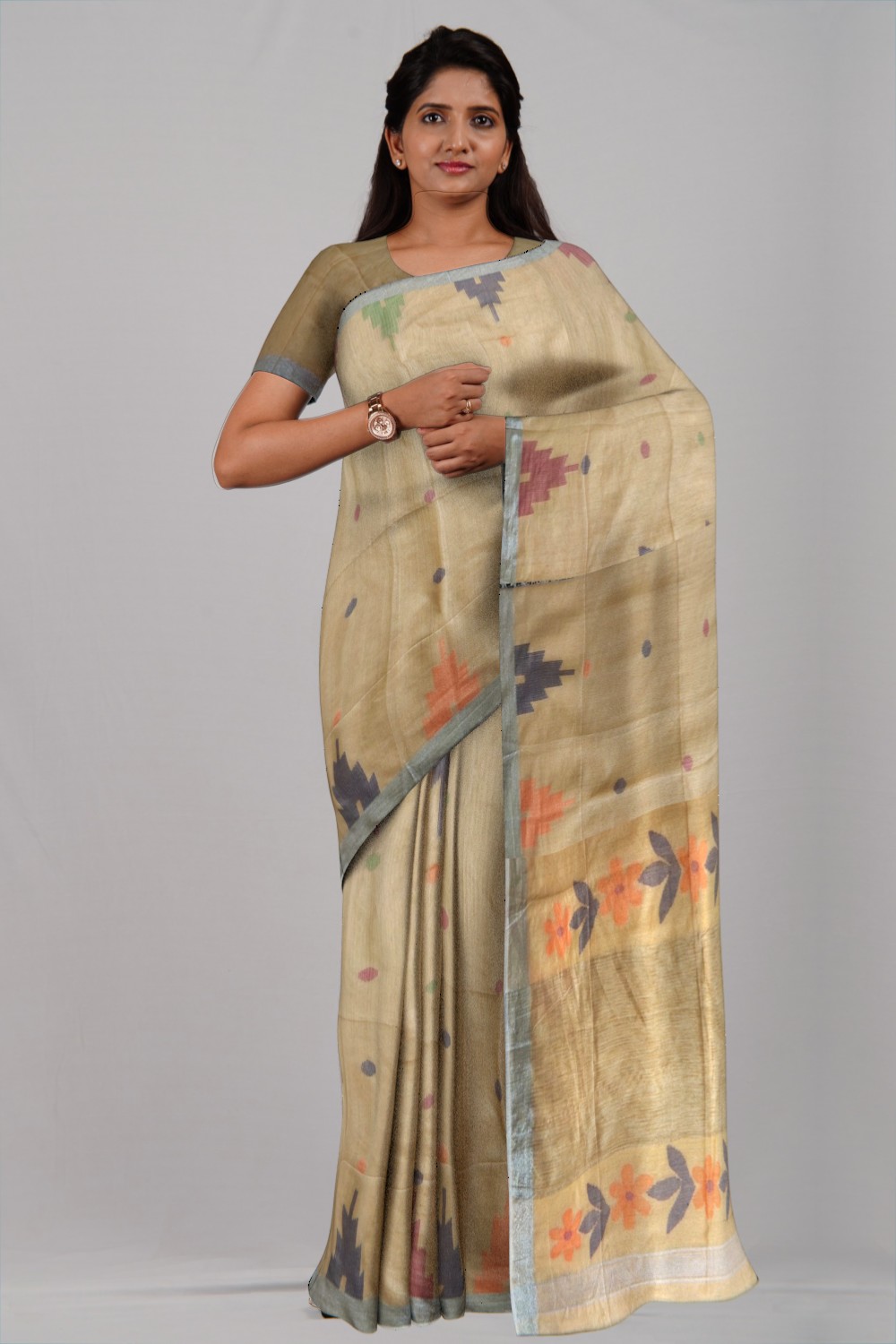 Light Brown Temple Ball Buti Jamdani Cotton Saree