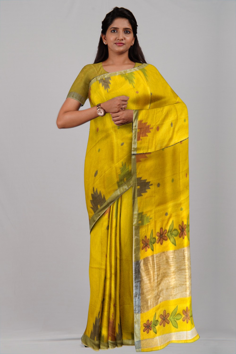 Bright Yellow Temple Ball Buti Jamdani Cotton Saree