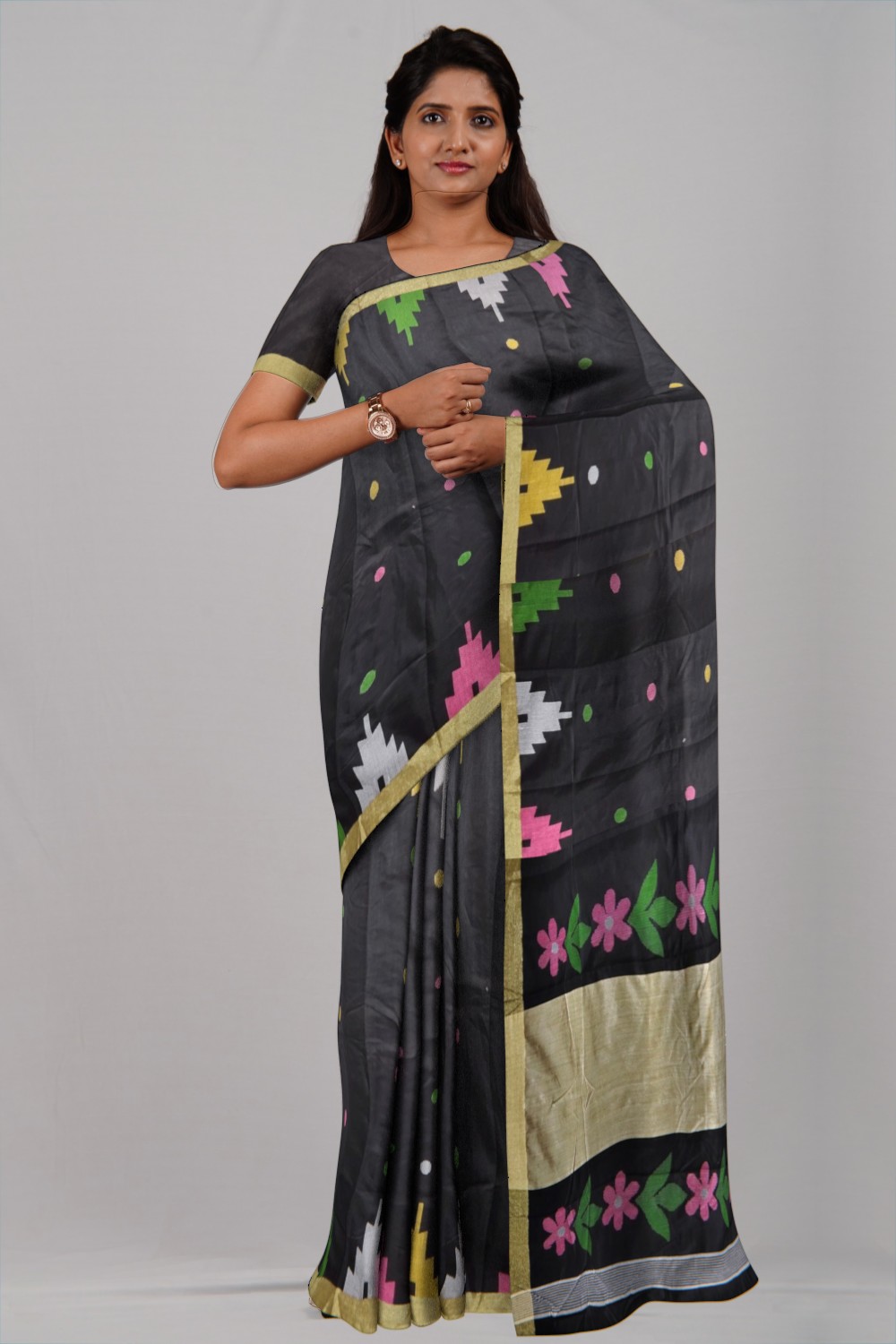 Black Temple Ball Buti Jamdani Cotton Saree