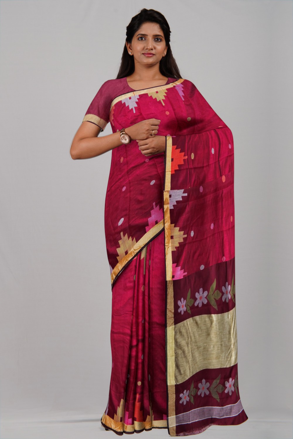 Maroon Temple Ball Buti Jamdani Cotton Saree