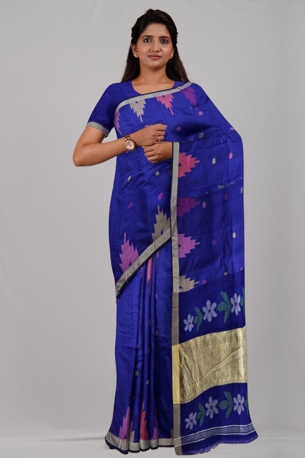 Royal blue Temple Ball Buti Jamdani Cotton Saree