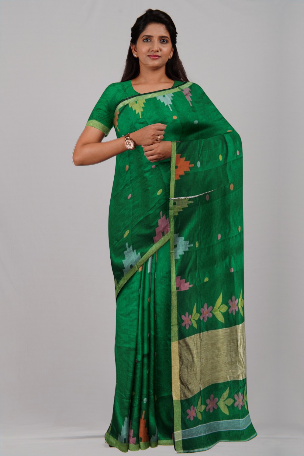 Tiya Green Temple Ball Buti Jamdani Cotton Saree