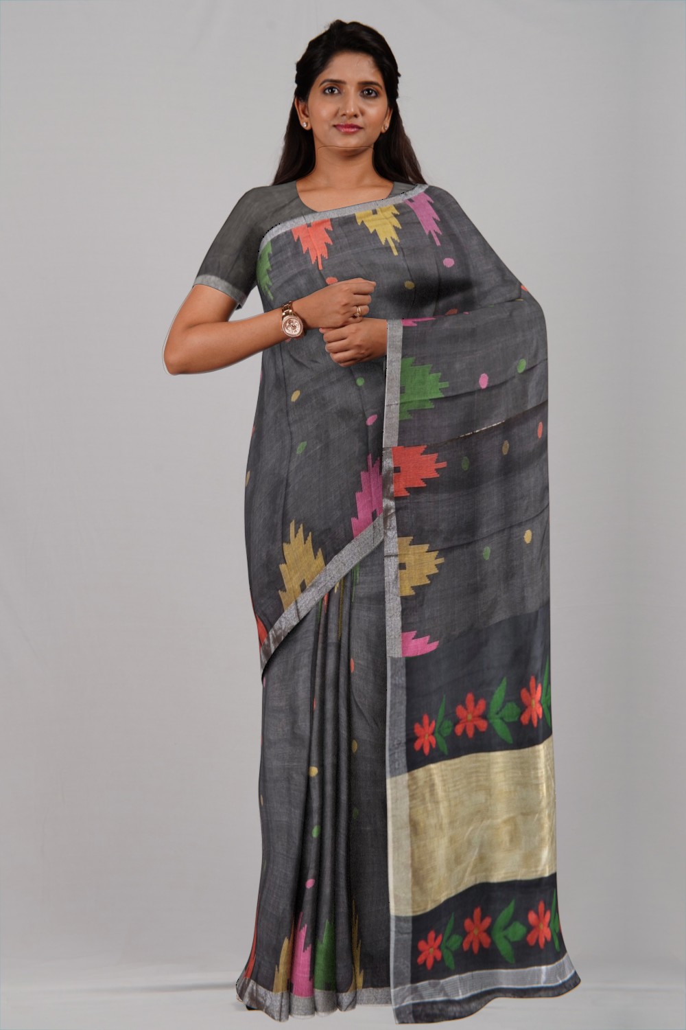 Black Grey Temple Ball Buti Jamdani Cotton Saree