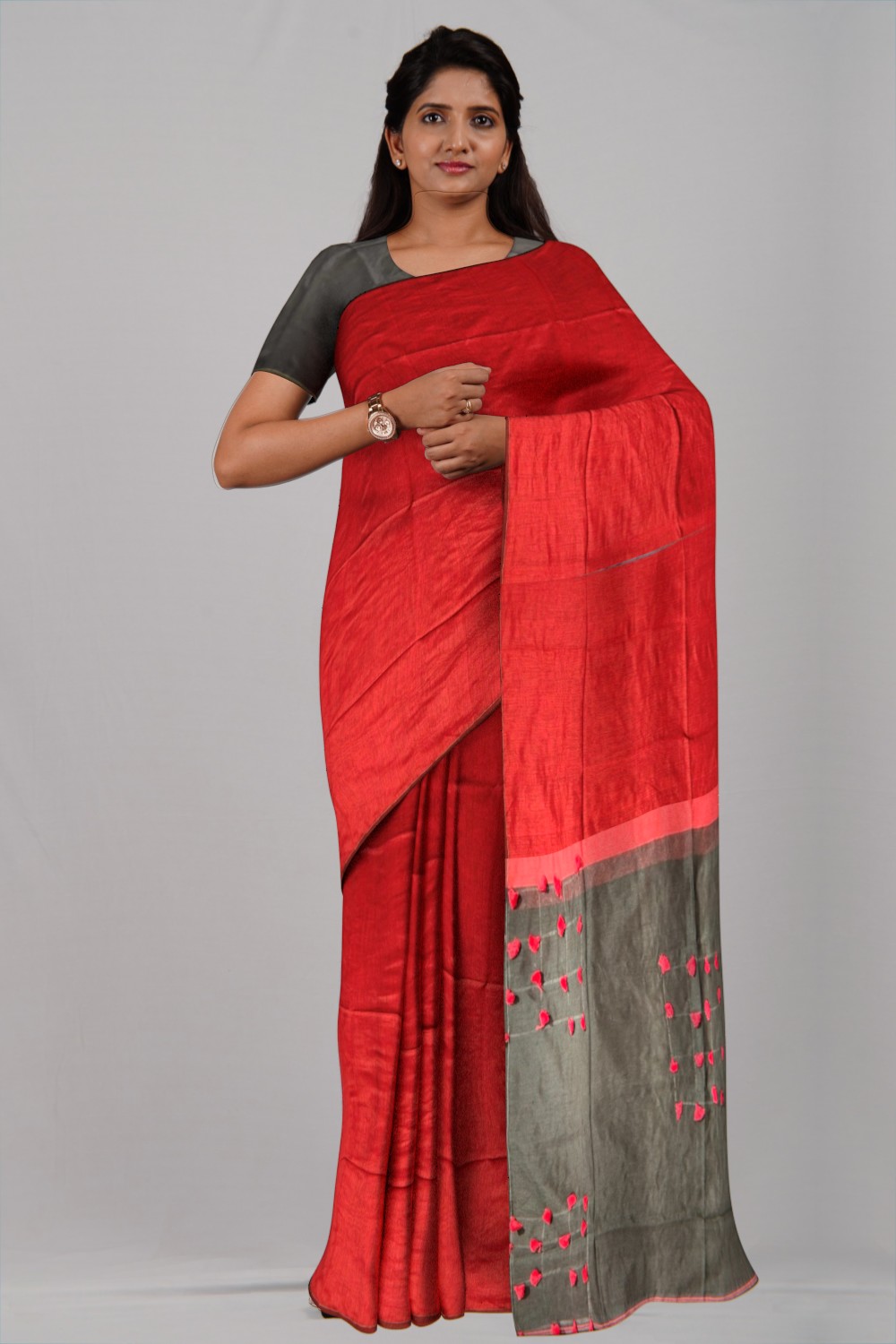 Red & Black Pallu pom-pom saree