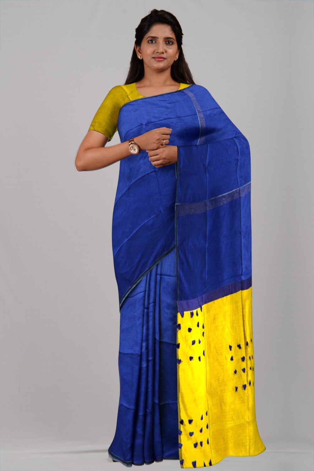 Royal blue and lemon yellow pallu pom-pom saree