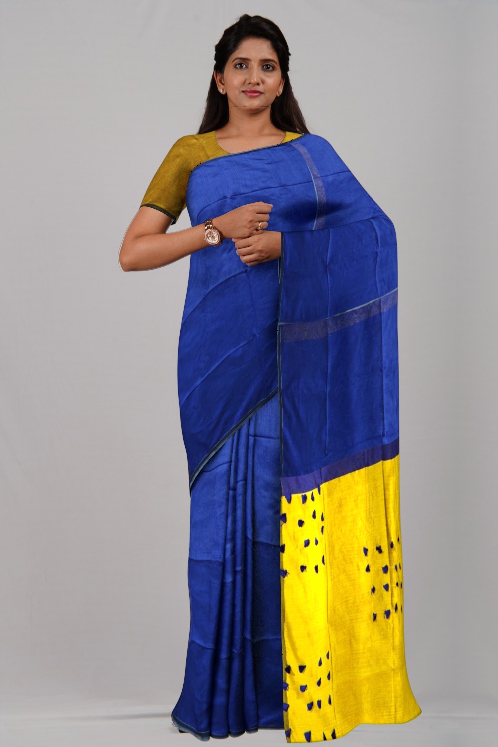 Royal blue & Yellow Pallu Pom-Pom Saree